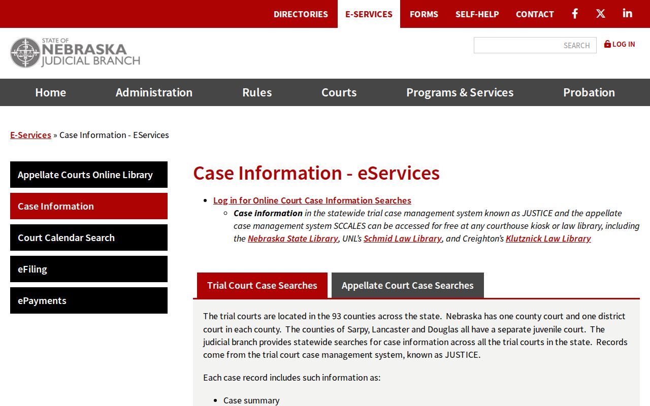 Harlan County case search access through Nebraska Judicial Branch eServices