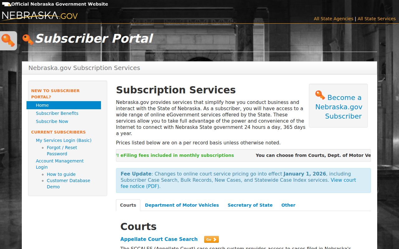 Harlan County case search through Nebraska.gov JUSTICE subscriber service