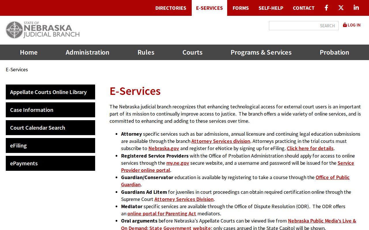 Harlan County court calendar Nebraska Judicial Branch eServices access page