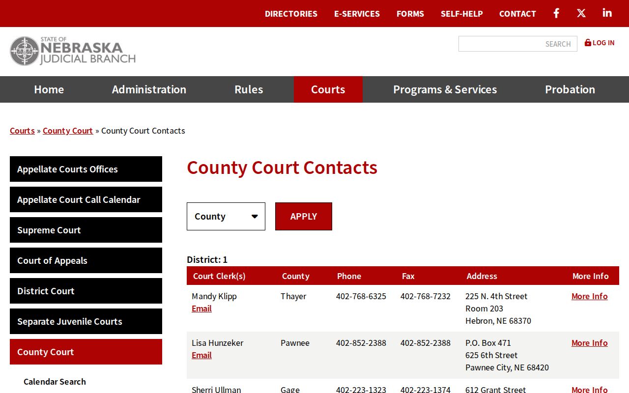 Harlan County court calendar County Court contact directory