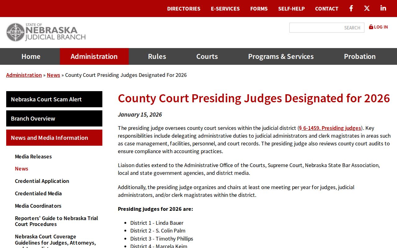 Harlan County court calendar Nebraska County Court presiding judge notice