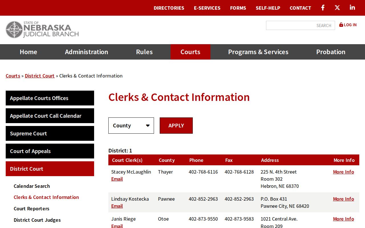 Harlan County court calendar District Court clerk contact directory
