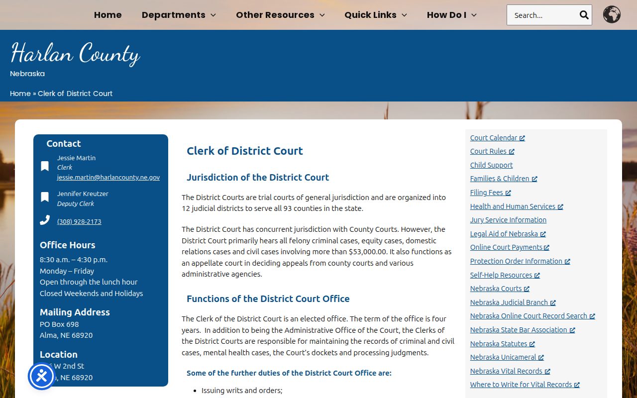 Harlan County court docket and Clerk of the District Court records page